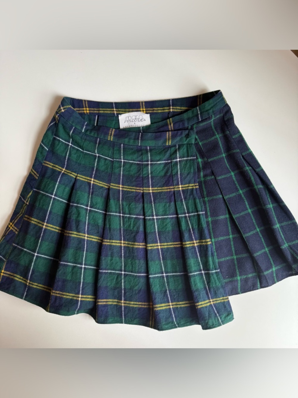 Mare Mare & Anthropologie Short Wrap Skirt Green Navy Yellow Plaid Pleated